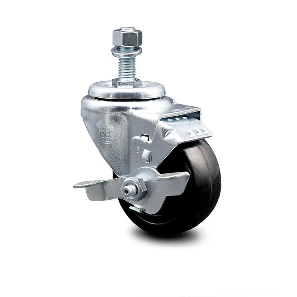 3.5 Inch Hard Rubber Wheel Swivel 1/2 Inch Threaded Stem Caster with Brake SCC